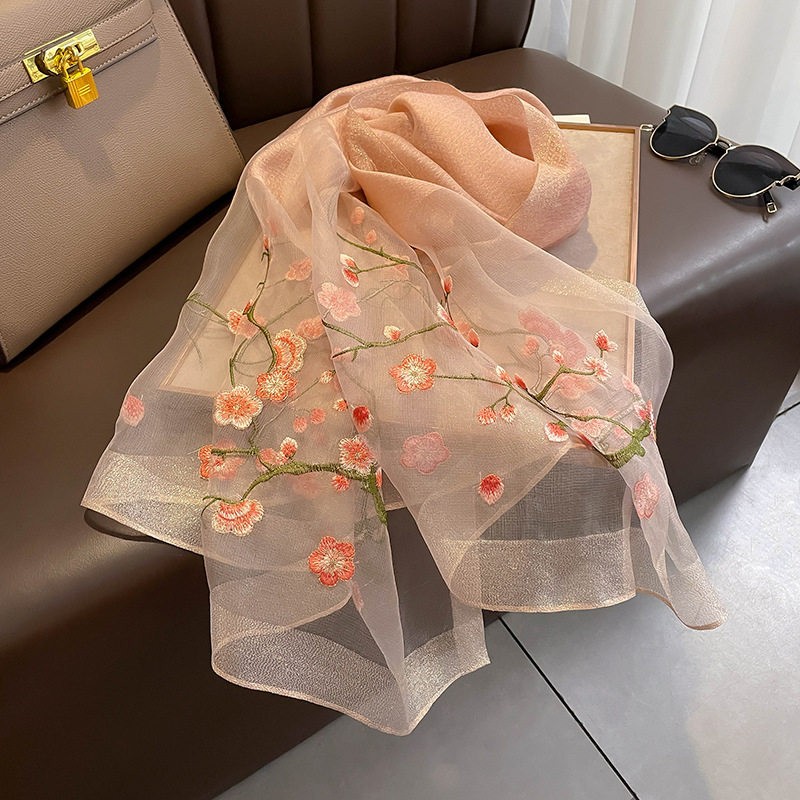 Embroidered Floral Mulberry Silk Women Lightweight Scarf Shawl