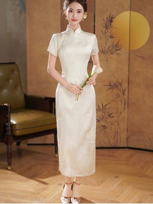 White Embroidered Satin Long Cheongsam Qipao Dress