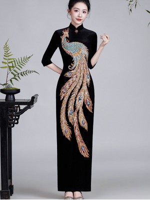 Black Red Beads Phoenix Velvet Qipao Cheongsam Dress