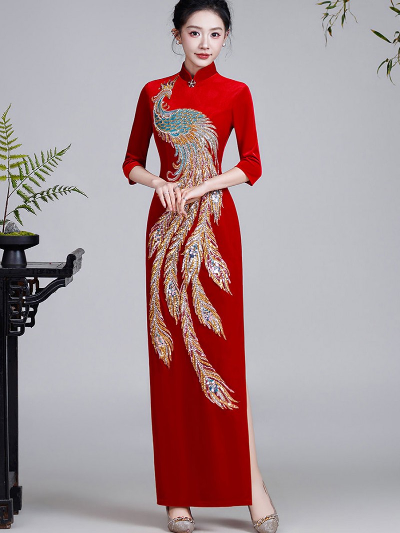 Black Red Beads Phoenix Velvet Qipao CheongsamDress