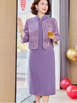 2 Piece Purple Burgundy Mothers Cheongsam Dress & Coat