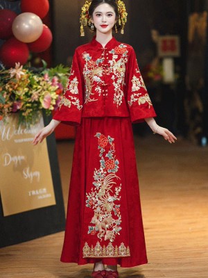 Red Embroidered Wedding Bridal Top & Skirt Xiuhe Qun Kwa Outfit