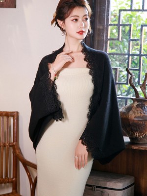 White Black Knit Woman Cardigan with Crochet Lace Trim