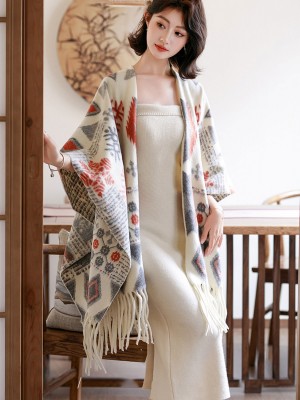 Woman Open Front Wrap Cape Poncho Cardigan