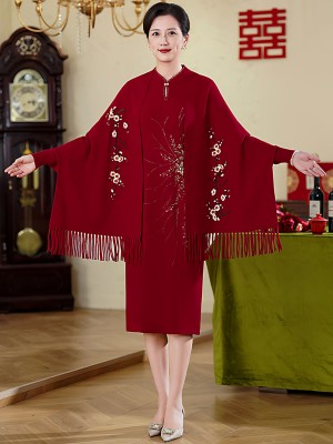Burgundy Embroidered Mothers Shawl Wrap Poncho with Fringe