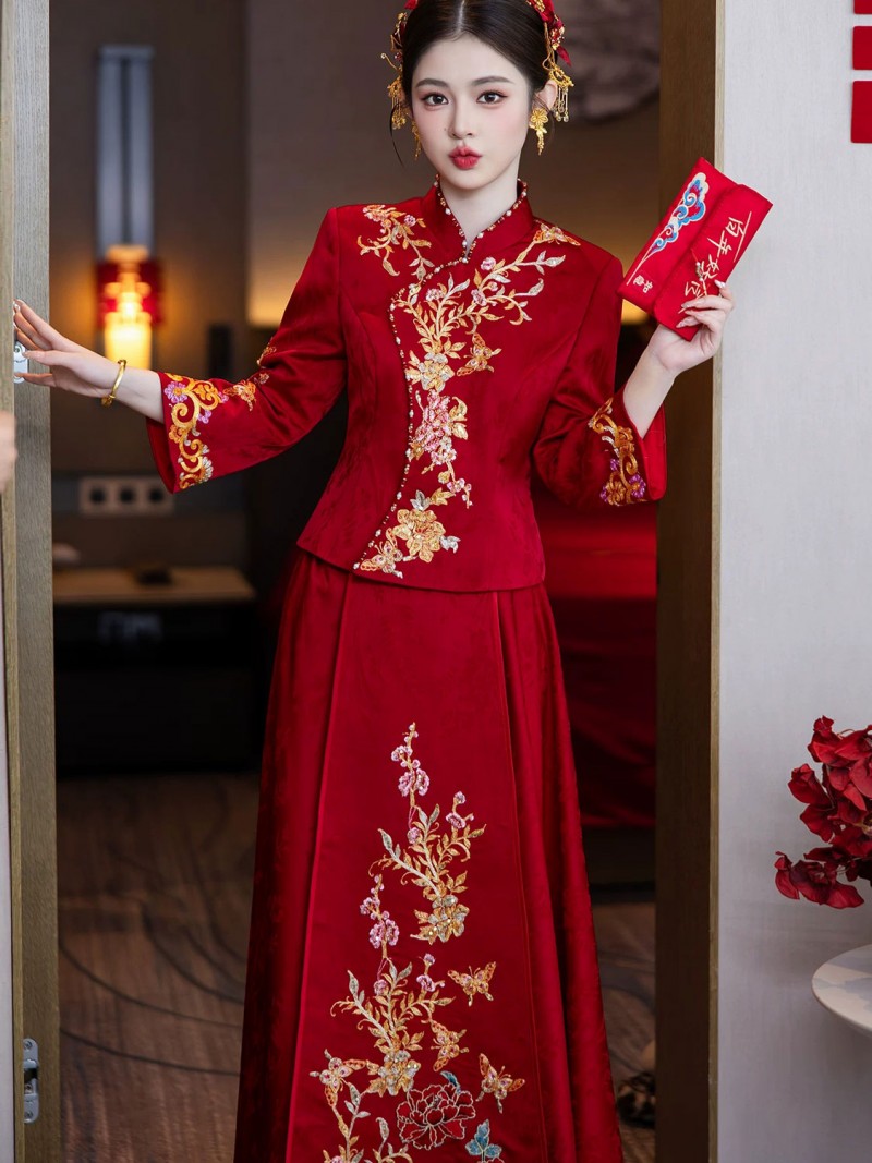 2 Pics Modern Chinese Embroidered Wedding Bride Jacket & Skirt Xiuhe