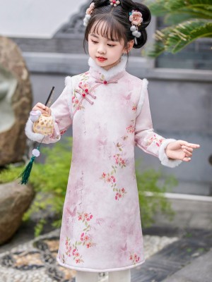 Pink Floral Print Kids Girls Winter Qipao Cheongsam Dress