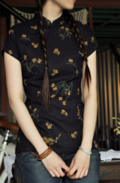 Navy Floral Short Sleeve Chinese Qipao / Cheongsam Shirt