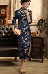 Blue 3/4 Sleeves Floral Silk Winter Qipao Cheongsam Dress Clearance