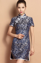 Blue Custom Tailored Short Floral Silk Qipao / Cheongsam Dress