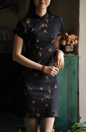 Dark Blue Short Floral Cheongsam / Qipao Dress