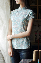 Blue Floral Short Sleeve Qipao / Cheongsam Shirt