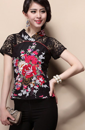 Black Lace Insert Floral Chinese Qipao / Cheongsam Shirt
