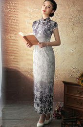 Fading Gray Floral Ankle-length Qipao / Cheongsam Dress