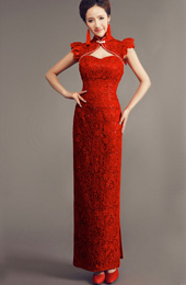 Red Ankle-length Lace Cheongsam / Qipao Wedding Dress with Key Hole