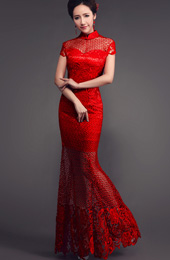 Red Fishtail Cheongsam / Qipao Wedding Dress with Sheer Lace Panels