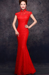 Red Fishtail Qipao / Cheongsam Dress with Beads