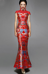 Red Fishtail Cheongsam / Qipao Dress with Phoenix Pattern