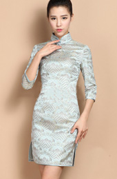 Custom Tailored Blue Jacquard Silk Qipao / Cheongsam Dress