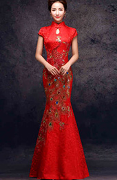 Red Ankle-length Phoenix Cheongsam /Qipao / Chinese Wedding Dress