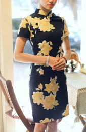 Black Short Linen Qipao / Cheongsam Dress in Contrast Floral Print