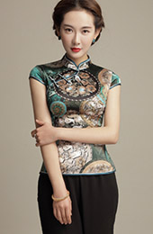Green Mulberry Silk Mandarin Collar Qipao / Cheongsam Shirt with Retro Print