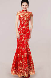 Red Ankle-length Sequined Fishtail Cheongsam / Qipao Wedding Dress