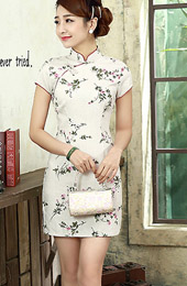 Beige Short Floral Linen Qipao / Cheongsam Dress
