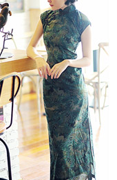 Green Ankle-Length Floral Linen Qipao / Cheongsam Dress