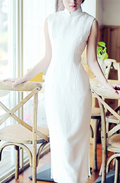 White Tea-Length Linen Qipao / Cheongsam Dress