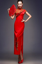 Red Split Ankle-Length Qipao / Cheongsam Wedding Dress with Applique