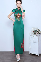 Split Ankle-Length Embroidered Lotus Qipao / Cheongsam Wedding Dress