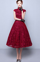 Tea-Length A-Line Qipao / Cheongsam Wedding Dress in Lace