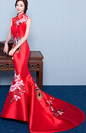 Custom Tailored Mermaid Train Qipao / Cheongsam Dress with Floral Embroidery