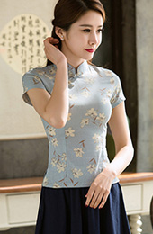 Blue Floral Linen Mandarin Collar Qipao / Tang Shirt