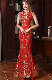 Red Floor Length Qipao / Chinese Cheongsam Wedding Dress