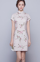 Beige Floral Linen Qipao / Cheongsam Dress