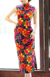 Tea-Length Linen Qipao / Cheongsam Dress in Blossom Print