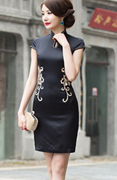 Black Embroidered Qipao / Cheongsam Dress with Lace Back
