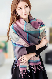 14 Color Options,  Colorblock Plaid Wrap Scarf with  Fringe-Trim