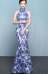 Blue Floral Halter Fishtail Qipao / Cheongsam Prom Dress
