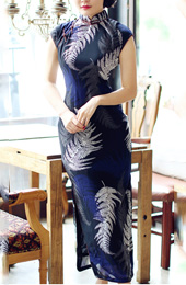 Leaf Printed Chiffon Qipao / Cheongsam Dress with Split