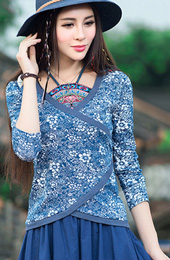 Asymmetric Halter Blue Floral Qipao / Cheongsam Top