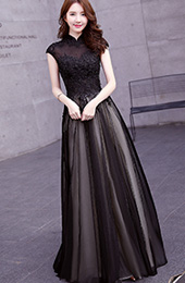 Sunset Black Tulle Qipao / Cheongsam Evening Dress with Sequins
