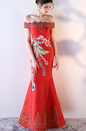 Red Off-The-Shoulder Fishtail Qipao / Cheongsam Dress with Embroidery