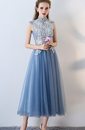 Blue Bridesmaid Tulle Qipao / Cheongsam Dress with Cutout Back