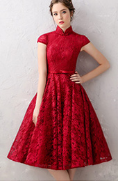 Wine Red A-Line Lace Qipao / Cheongsam Wedding Dress