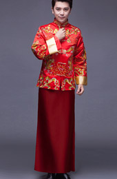 Red Embroidered Men's Wedding Tang Suit, Jacket & Chang Shan