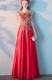 Floor Length Embroidered Bodice Prom Gown with Half Sleeve