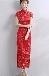 Floral Embroidered Long Qipao / Cheongsam Wedding Dress